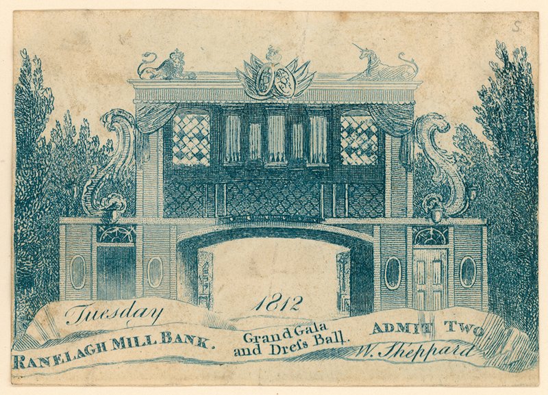 Ranelagh Bahçeleri, Millbank, Londra'daki büyük bir gala ve baloya giriş bileti. 1812 by English School