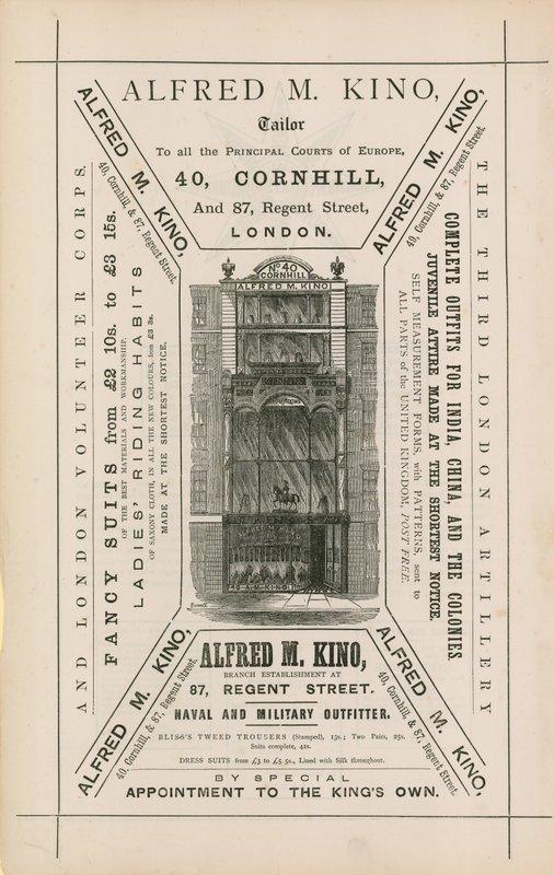 Alfred M Kino, terzi, 40 Cornhill ve 87 Regent Street, Londra için ilan by English School