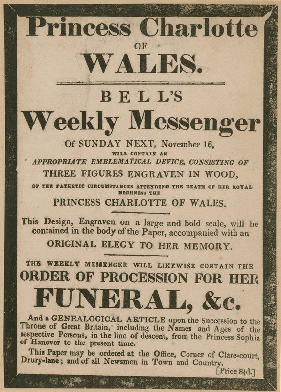 16 Kasım 1817 Pazar Günü Bells Weekly Messenger ilanı by English School