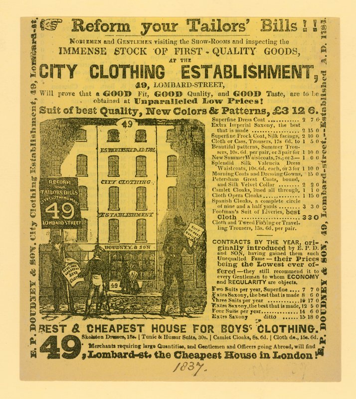 Doudney & Son, City Giyim Kuruluşu, 49 Lombard Street, Londra için ilan by English School