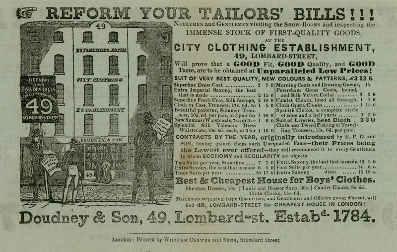 Doudney & Son, City giyim tesisi, 49 Lombard Street, Londra için ilan by English School