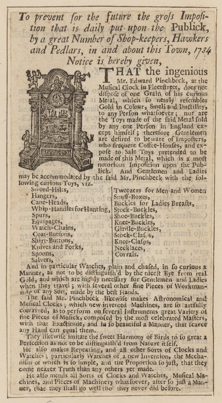 Edward Pinchbeck için reklam, Müzikal Saat, Fleet Street, Londra, 1734