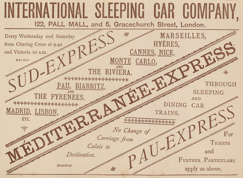 International Sleeping Car Company, 122 Pall Mall ve 5 Graceshurch Street için ilan, 1888 by English School
