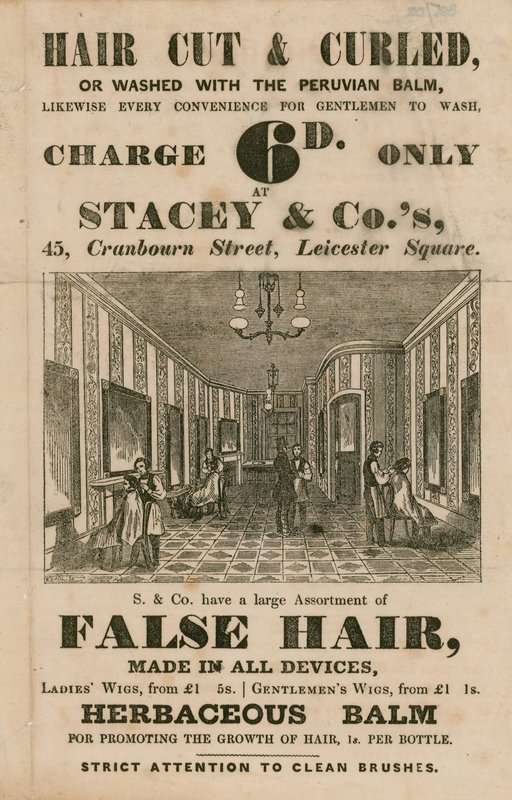 Stacey & Co.s, 45 Cranbourne Street, Leicester Square, Londra, kuaförler için ilan by English School