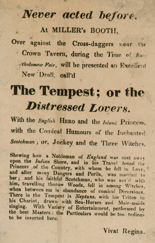 The Tempest için Reklam; veya Crown Tavern yakınlarındaki Millers Booth, Cross Daggers
