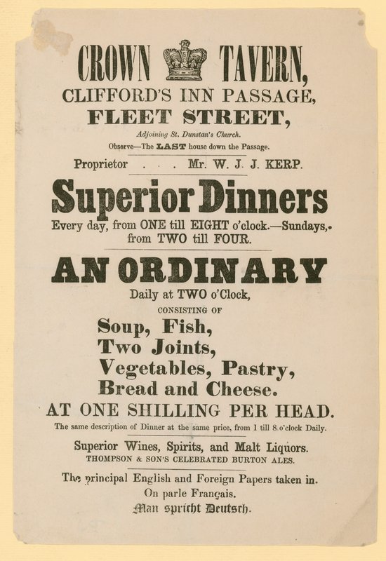 Crown Tavern, Cliffords Inn Passage, Fleet Street, Londra için reklam by English School