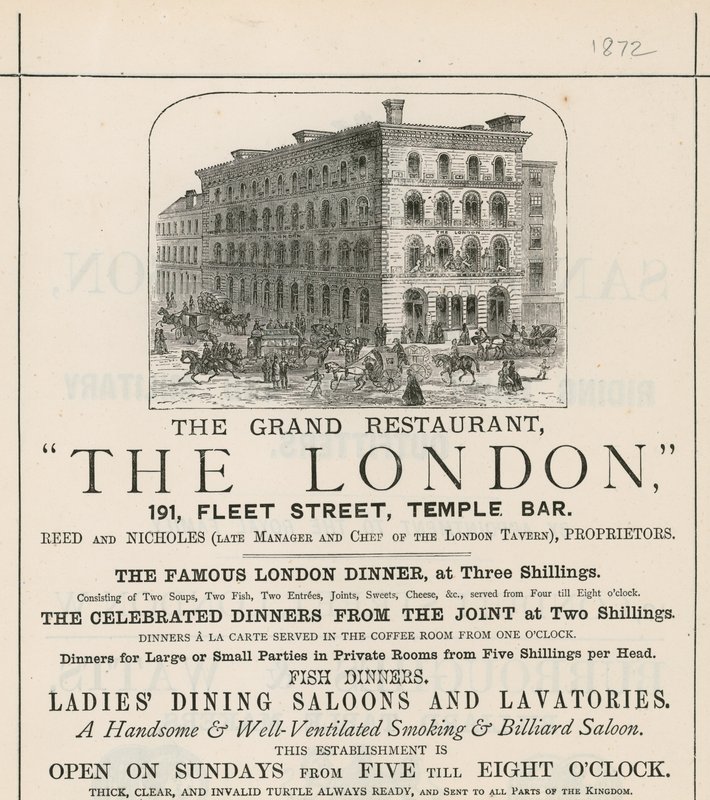 Büyük restoran The London, 191 Fleet Street, Temple Bar için reklam by English School
