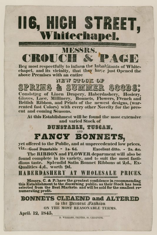 Crouch ve Page, 116 High Street, Whitechapel için Reklam by English School