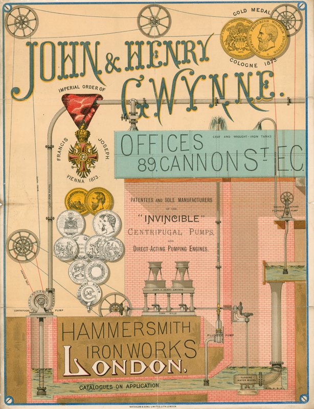 John ve Henry Gwynne, 89 Cannon Street, Londra, Invincible santrifüj pompa üreticisi için reklam by English School