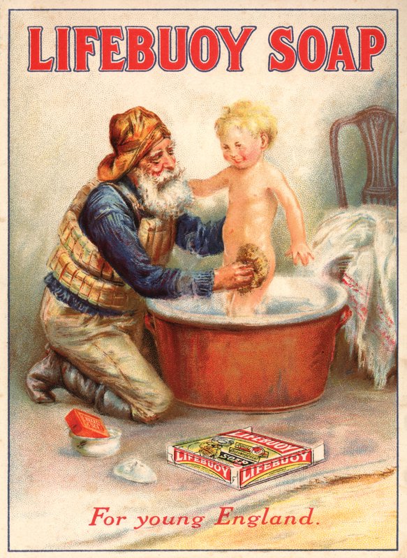 Cankurtaran botunun bir çocuğu banyo yaparken gösteren Lifebuoy sabunu reklamı by English School
