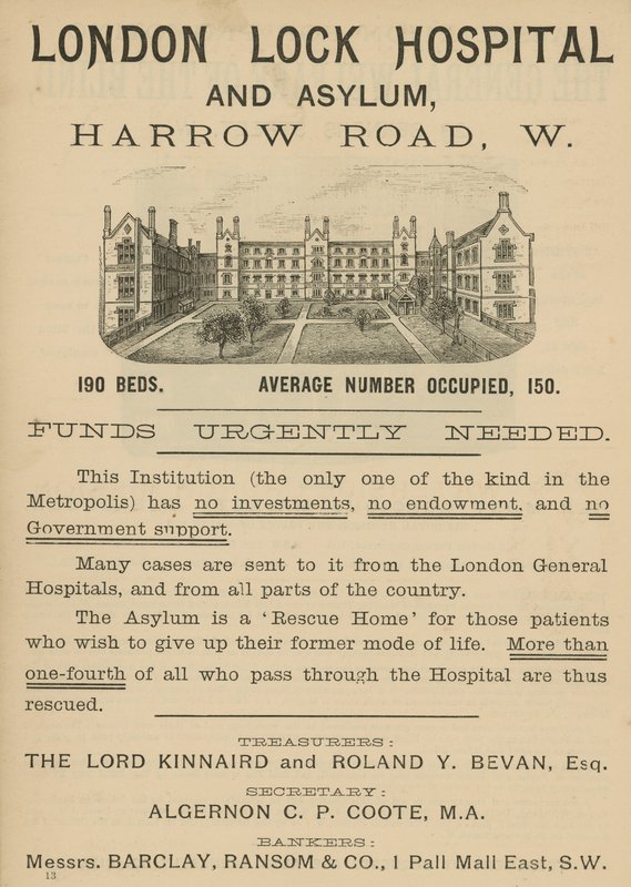 London Lock Hospital and Asylum, Harrow Road, London için reklam by English School