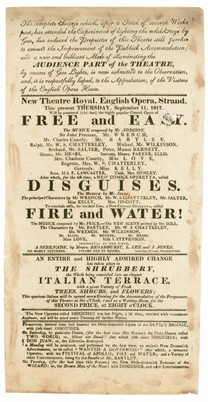 New Theatre Royal, İngiliz Operası, Strand, Londra için, 11 Eylül 1817 için, gaz aydınlatmasından bahseden reklam by English School