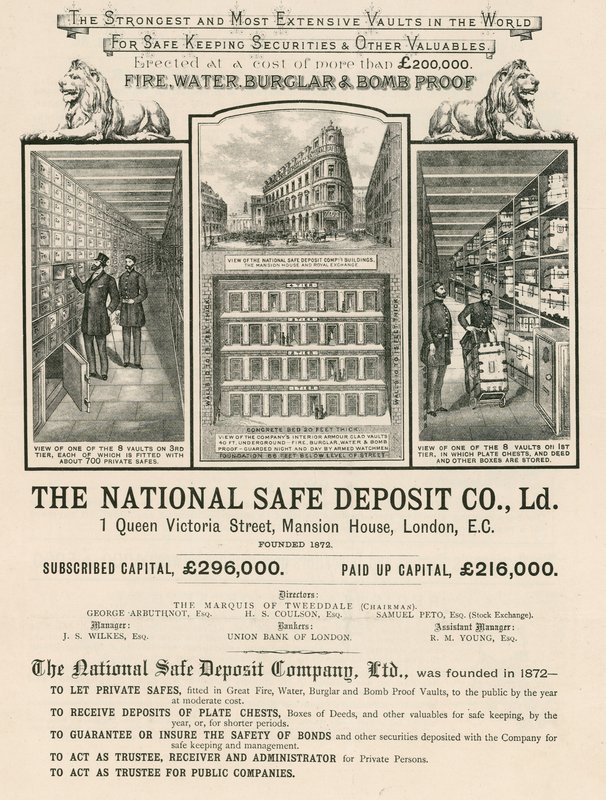 The National Safe Deposit Company, 1 Queen Victoria Street, Mansion House, Londra için Reklam by English School