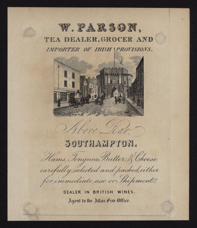 W Parson, çay satıcısı, bakkal ve İrlanda erzakları ithalatçısı, Southampton, Hampshire için reklam by English School