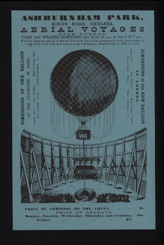 Ashburnham Park, King's Road, Chelsea, Londra, c1868 (litho)'dan bağlı balon tırmanışları için reklam by English School