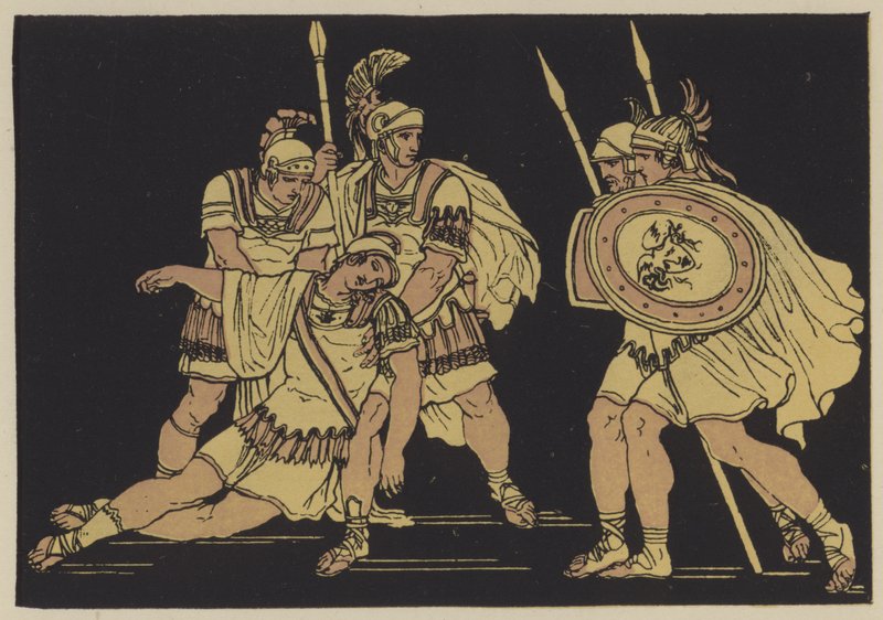 Aeneas ve Lausus'un gövdesi (renkli lito) by English School