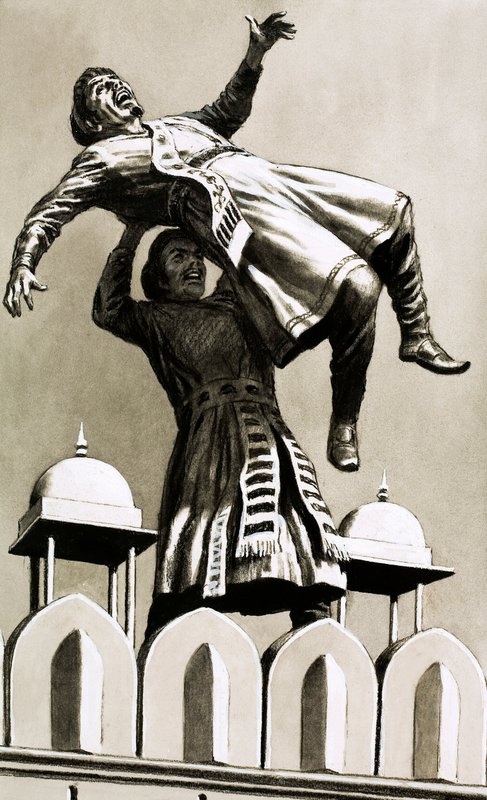 Hindustan Kralı Ekber, katil Adham Khan'ı sarayın tepesinden attı (kağıt üzerine guaj boya) by English School