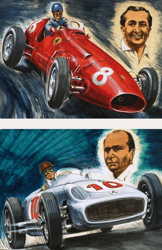 Alberto Ascari Maserati kullanıyor (üstte) ve Juan Manuel Fangio Mercedes-Benz kullanıyor (altta) by English School