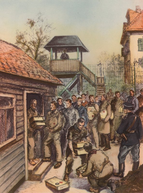 Müttefik savaş esirleri, bir Alman savaş esiri kampında Kızıl Haç paketleri alıyor, İkinci Dünya Savaşı by English School