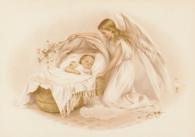 Bir bebeğe bakan melek (chromolitho) by English School