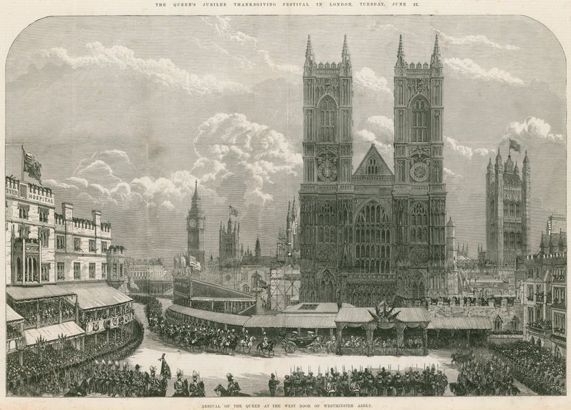 Kraliçe Victoria'nın Westminster Abbey'in batı kapısına gelişi by English School