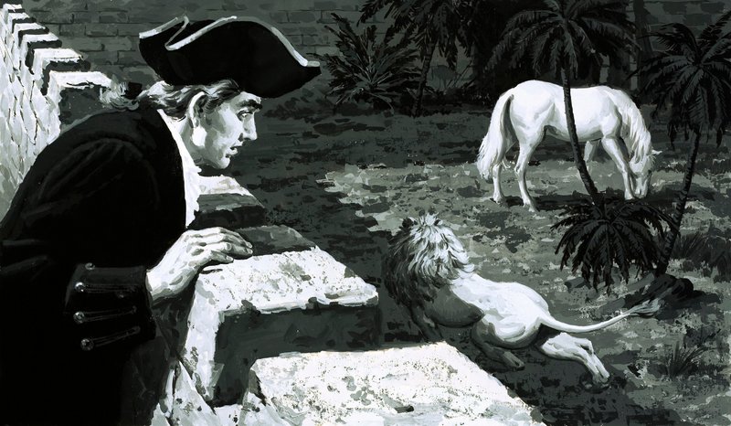 Sanatçı George Stubbs, bir aslanın bir Berberi atına doğru çalmasını izledi (kağıt üzerinde guaj boya) by English School