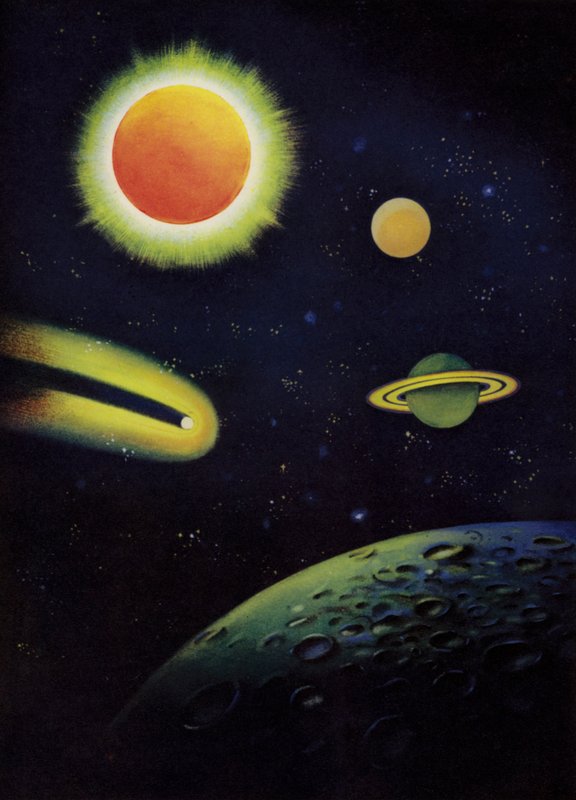 Astronomik nesneler: koronasını gösteren Güneş; Mars ve Satürn gezegenleri; Coggia