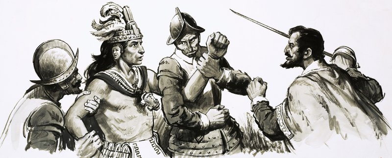 İnka tanrı kralı Atahualpa, istilacı İspanyolları dostane bir şekilde karşılamaya geldi by English School