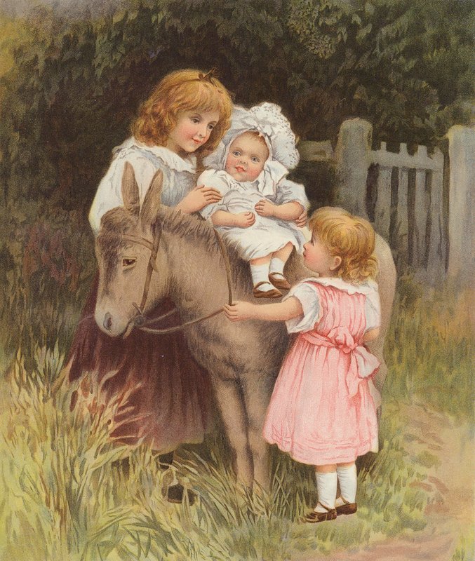 Eşeğe binen bebek (chromolitho) by English School