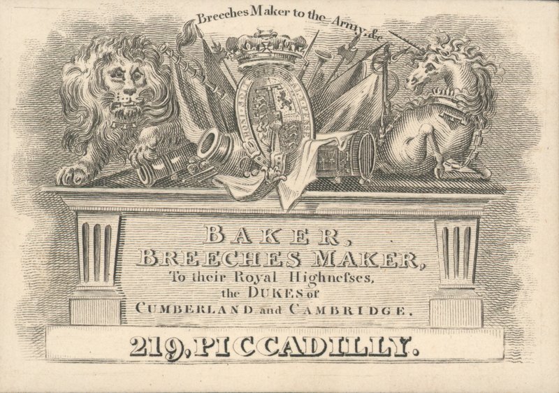 Fırıncı, pantolon üreticisi, 219 Piccadilly, ticari kart by English School