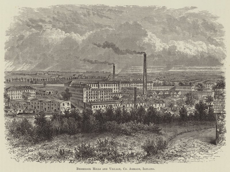 Bessbrook Mills and Village, County Armagh, İrlanda (gravür) by English School