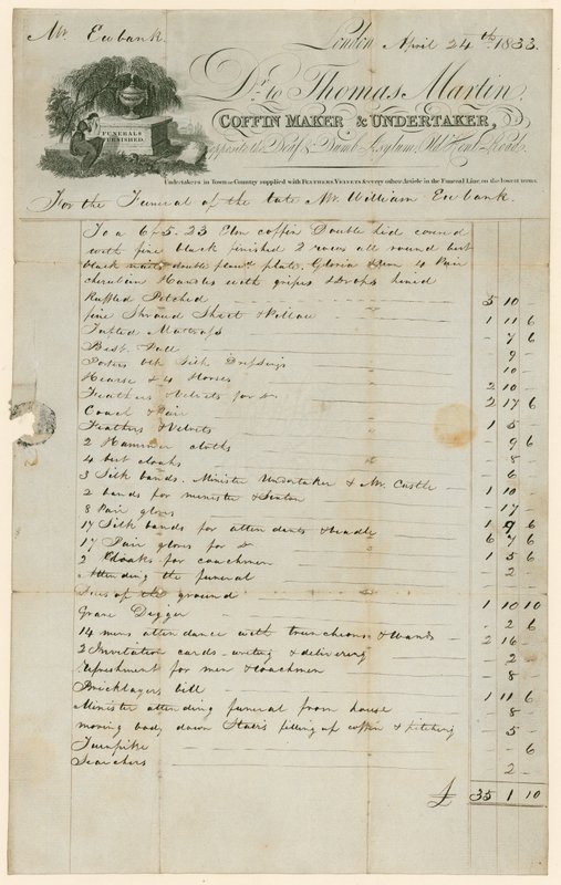 Bay William Eubank'ın cenazesiyle ilgili olarak Thomas Martin, Coffin Maker & Undertaker'dan Bill by English School