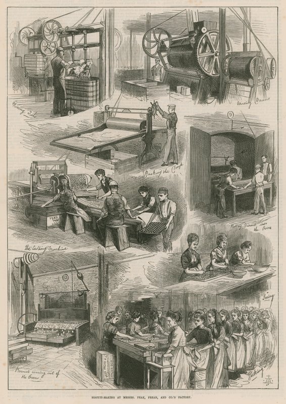 Messrs Peak, Frean and Co.s fabrikasında bisküvi yapımı by English School
