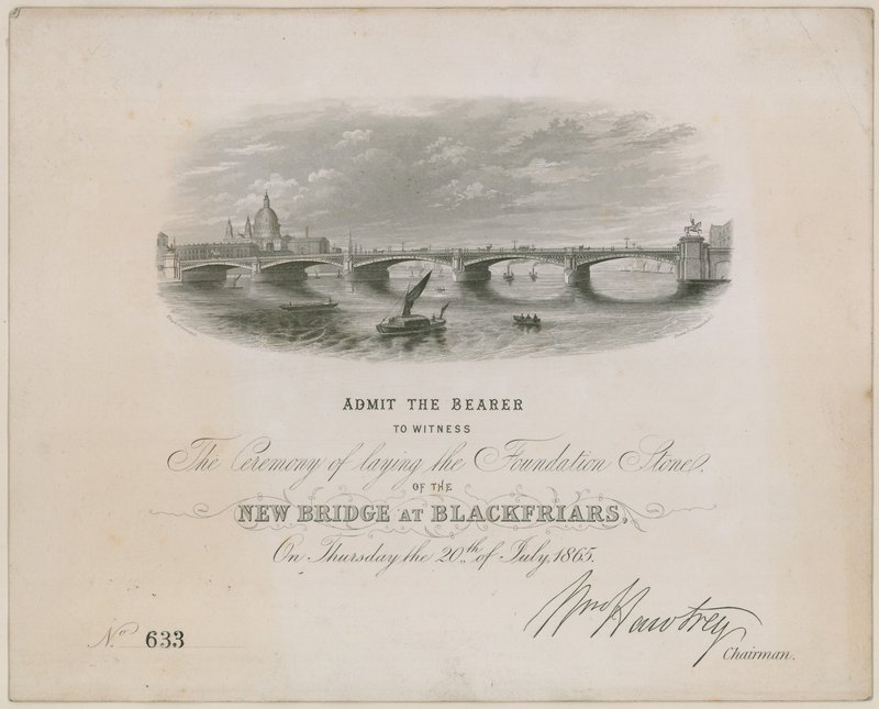 Blackfriars Köprüsü. Temel atma törenine davet, 20 Temmuz 1865 by English School