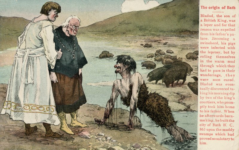 Bath şehrini kurduğu söylenen efsanevi Britanya Kralı Bladud (renkli taş) by English School