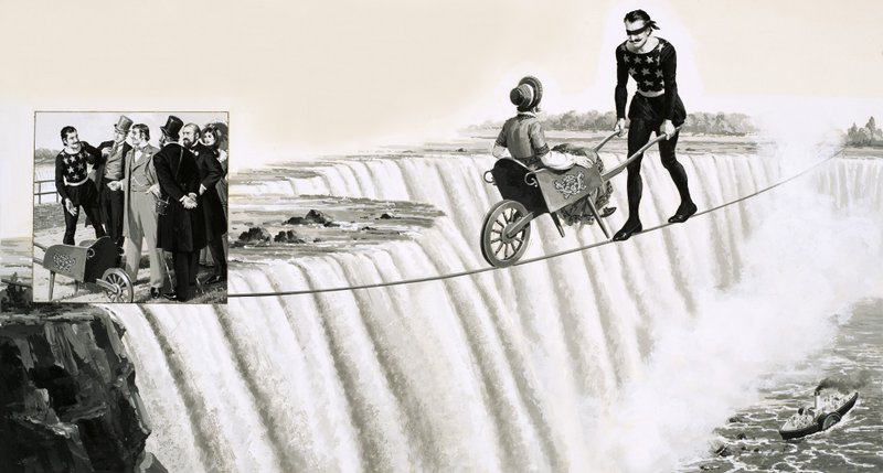 Blondin (Francois Gravelet), bir el arabasını Niagara Şelalesi üzerinde bir ipin üzerinden itiyor. by English School