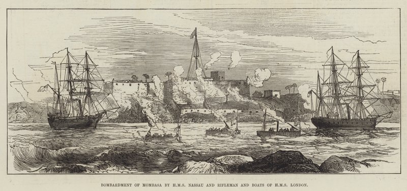 Mombasa'nın HMS Nassau ve Rifleman ve HMS London Boats tarafından bombardımanı (gravür) by English School