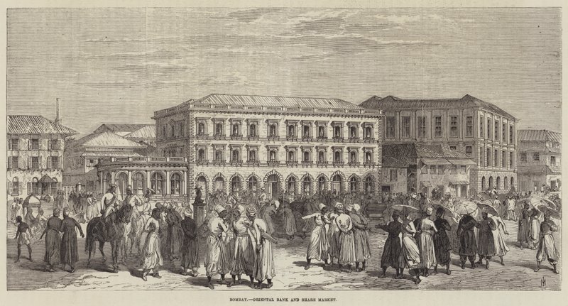Bombay, Oriental Bank ve Hisse Senedi Piyasası (gravür) by English School