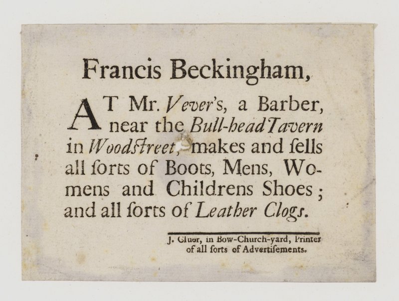 Boot and Shoemakers, Francis Beckingham, ticari kart by English School