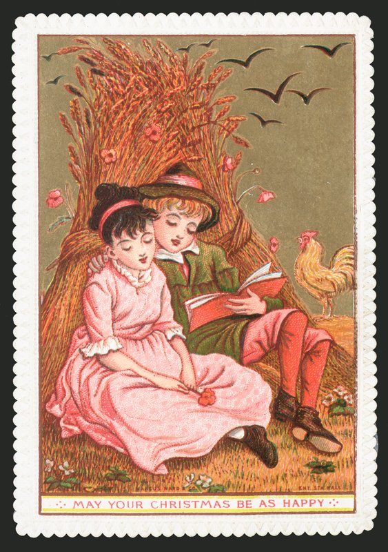Alandaki kıza kitap okuyan çocuk, Noel kartı by English School