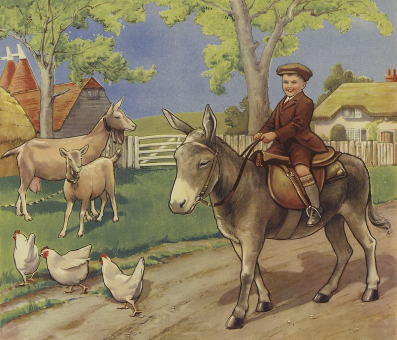 İngiliz kırsalında eşeğe binen çocuk (renkli taş) by English School