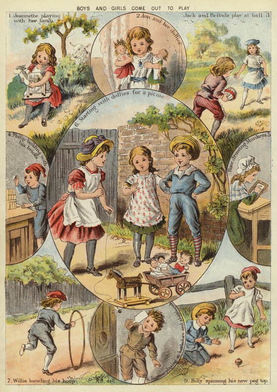 Erkekler ve kızlar oynamak için dışarı çıkarlar (chromolitho) by English School