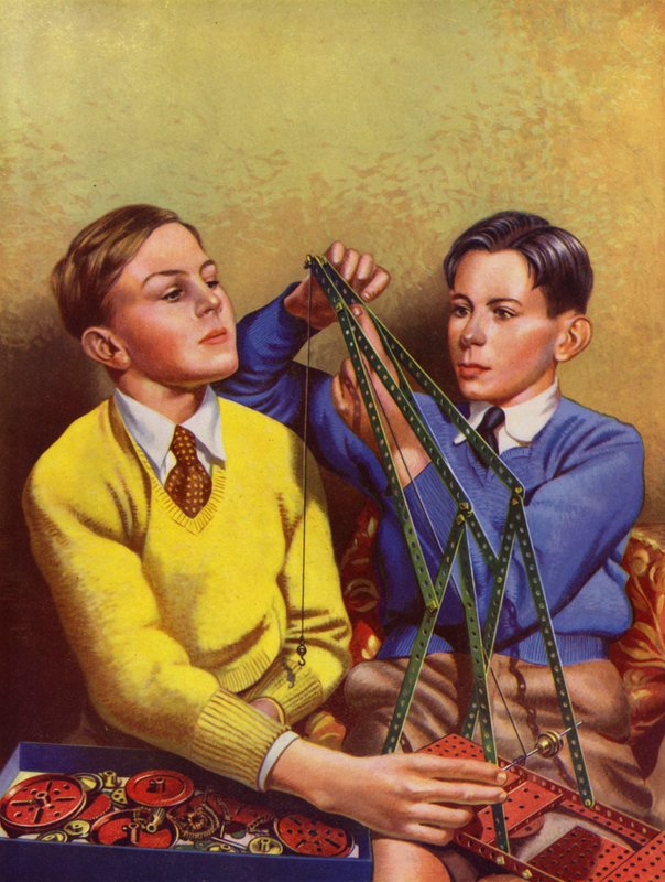 Bir oyuncak inşaat seti ile bina erkek çocuklar (renkli litho) by English School