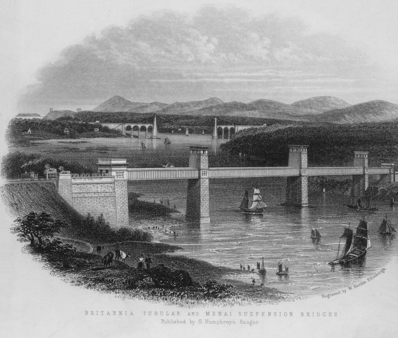 Britannia Borulu ve Menai Asma Köprüler (gravür) by English School