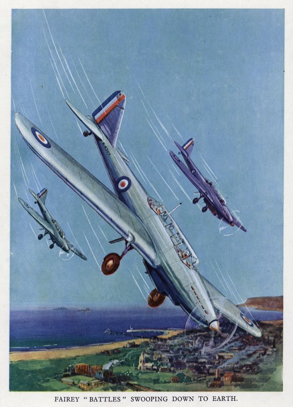 İngiliz Fairey Battle hafif bombardıman uçakları yere doğru dalıyor (renkli taş) by English School