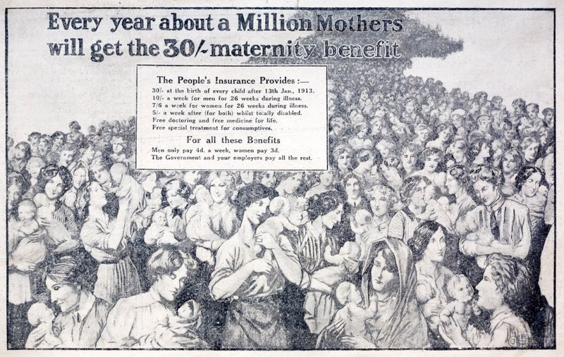 Maliye Bakanı David Lloyd George (litho) tarafından tanıtılan, Ulusal Sigorta tarafından ödenen annelik parasını teşvik eden İngiliz kartı by English School
