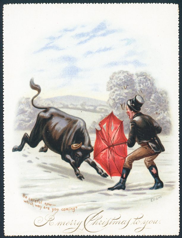 Boğa Kırmızı Şemsiyeye Dolduruyor, Noel Kartı by English School
