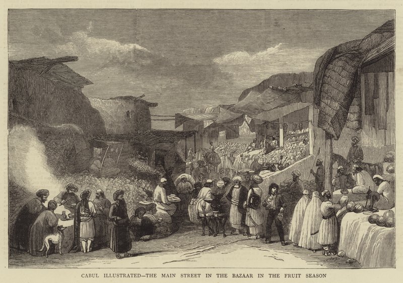 Cabul Illustrated, Meyve Mevsiminde Çarşıda Ana Cadde (gravür) by English School