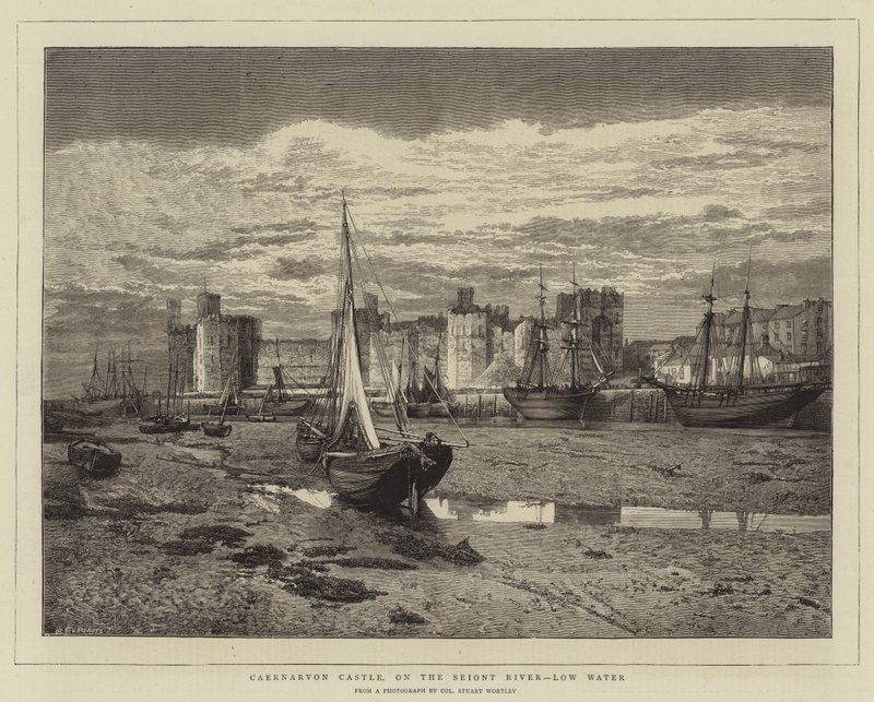 Caernarvon Kalesi, Seiont Nehri üzerinde, Düşük Su (gravür) by English School