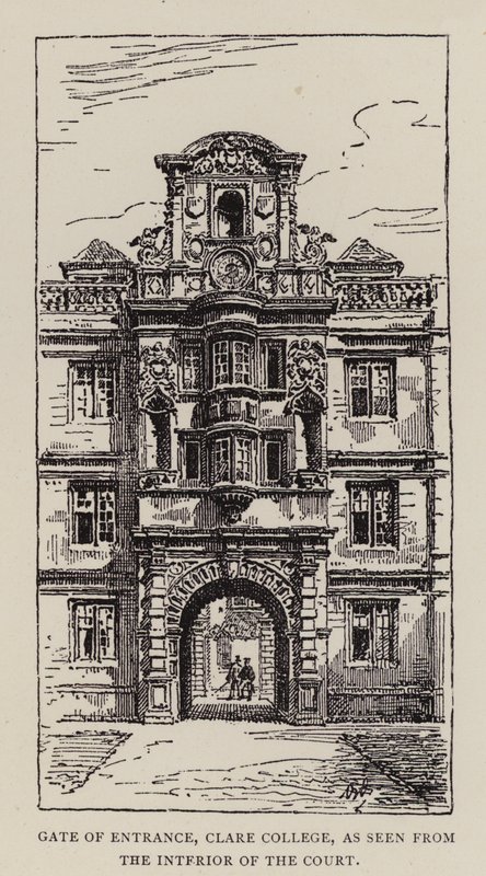 Cambridge: Giriş Kapısı, Clare College, Mahkemenin İç kısmından görüldüğü gibi (gravür) by English School